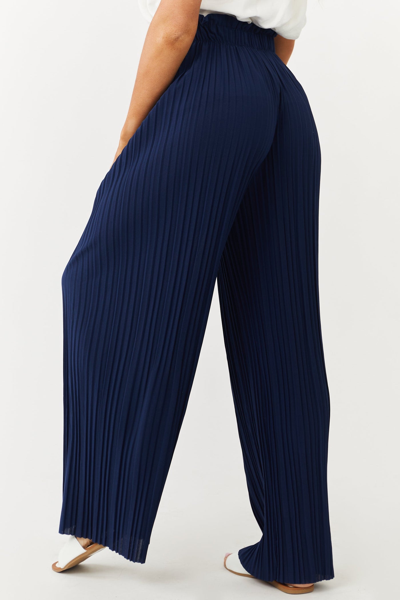 Navy Pleated Wide Leg Waist Tie Pants