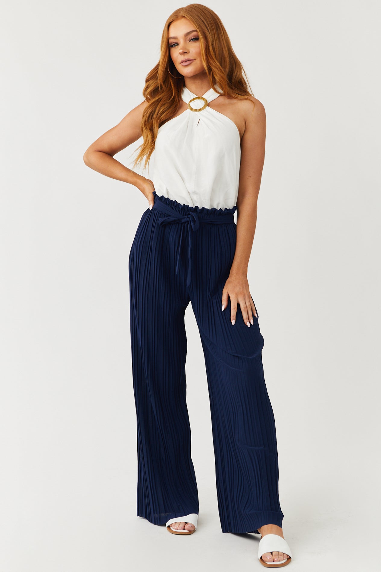Navy Pleated Wide Leg Waist Tie Pants