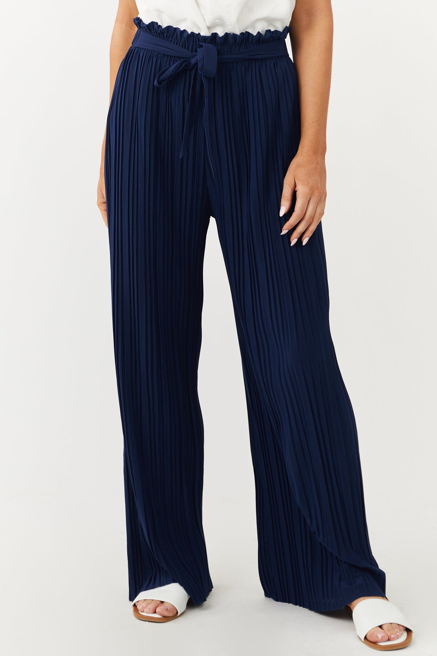 Navy Pleated Wide Leg Waist Tie Pants