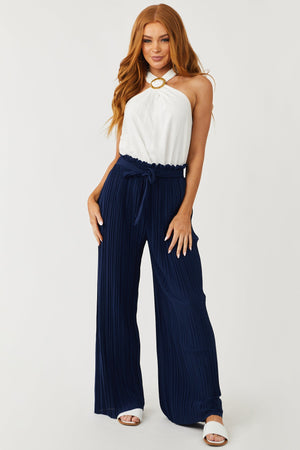 Navy Pleated Wide Leg Waist Tie Pants