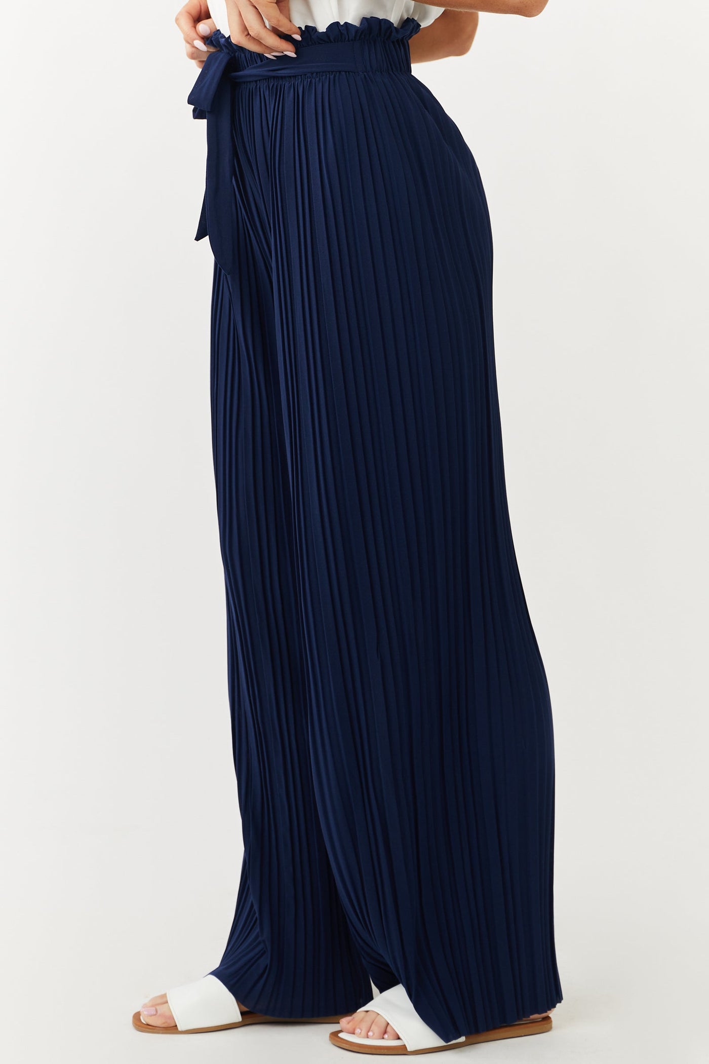 Navy Pleated Wide Leg Waist Tie Pants