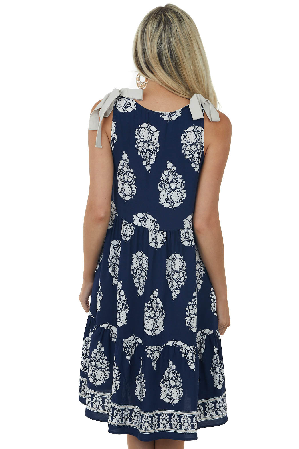 Navy Printed Short Dress with Shoulder Ties