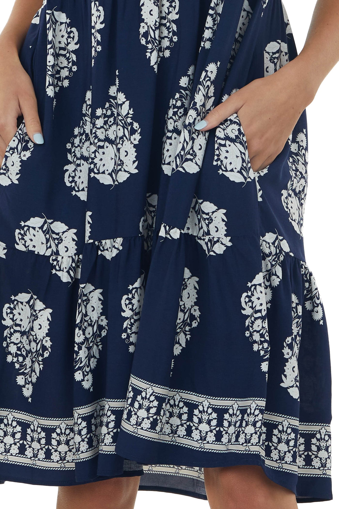 Navy Printed Short Dress with Shoulder Ties