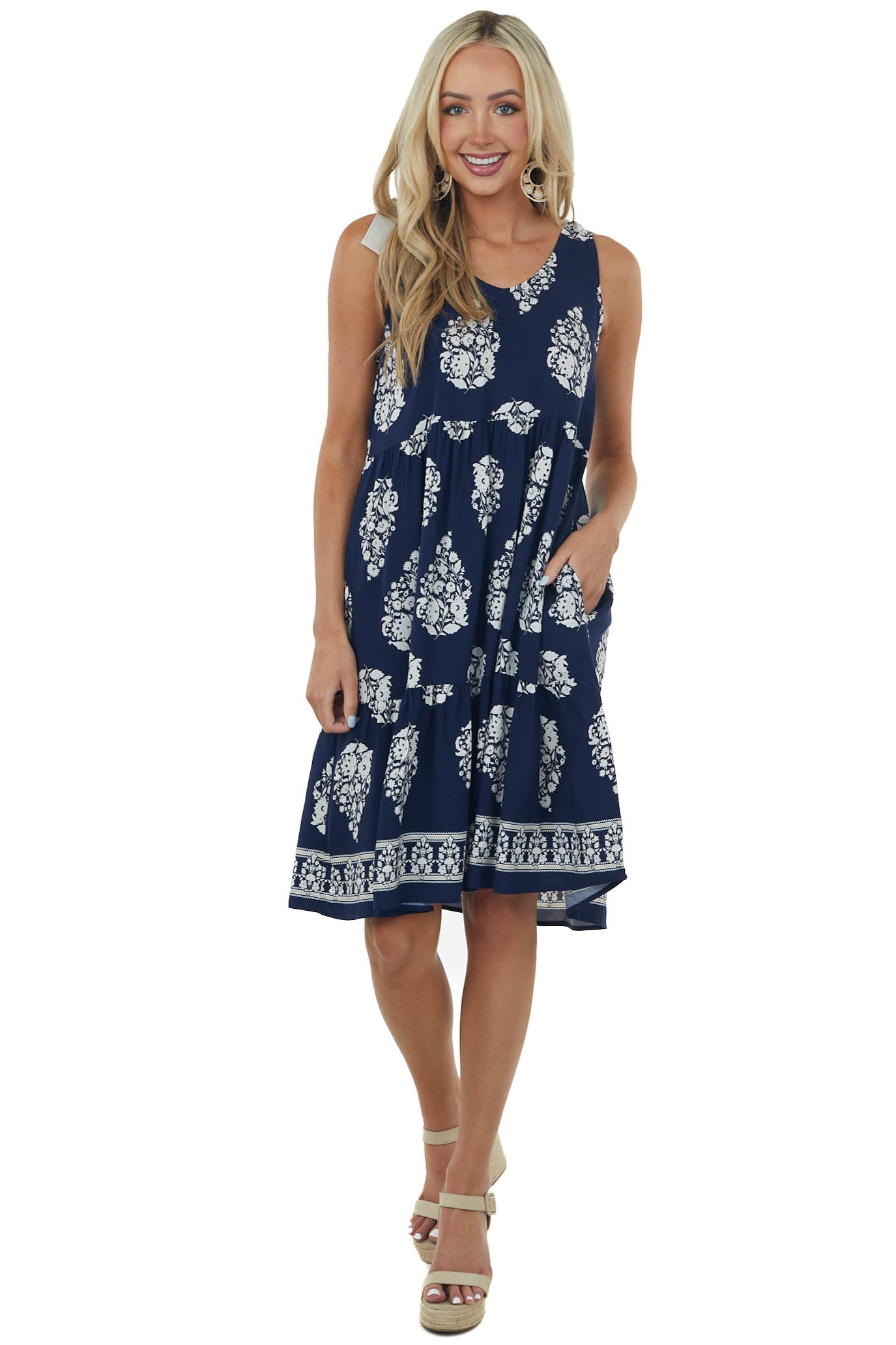 Navy Printed Short Dress with Shoulder Ties
