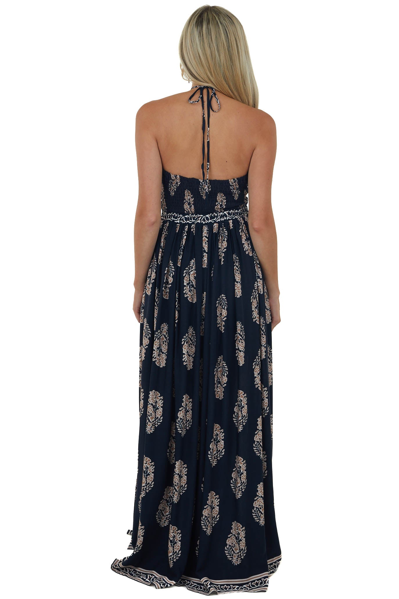 Navy Printed Strappy Cut Out Halter Maxi Dress