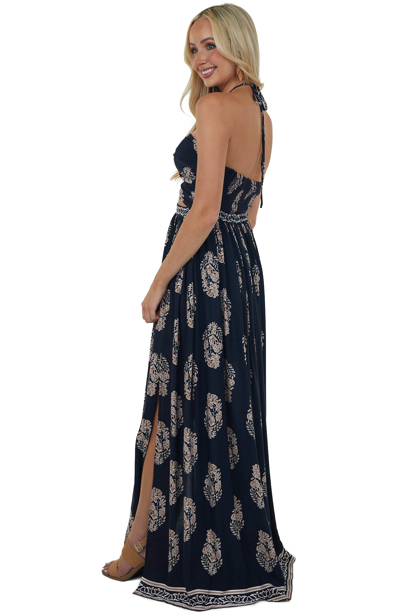 Navy Printed Strappy Cut Out Halter Maxi Dress