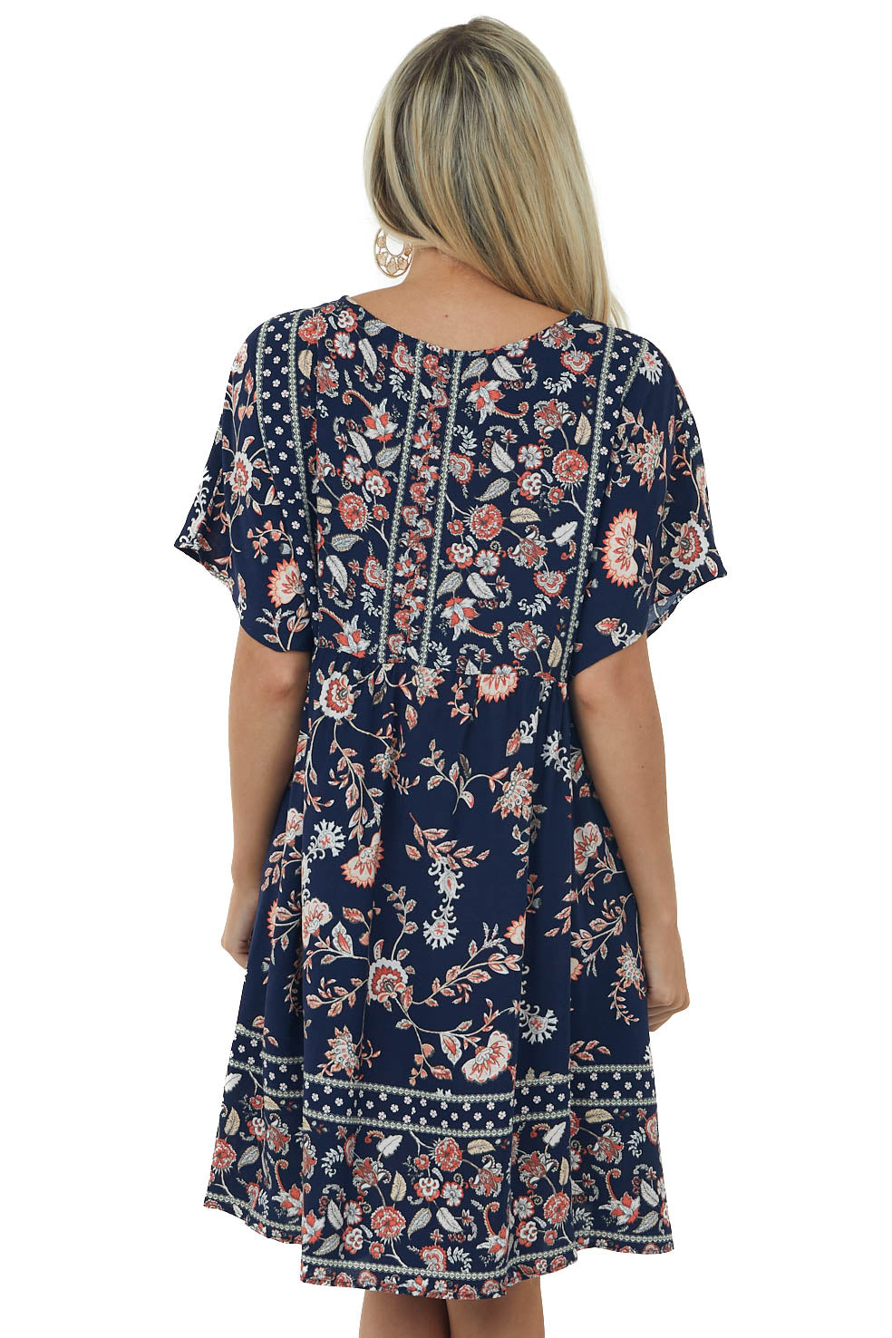 Navy Printed V Neck Babydoll Short Dress