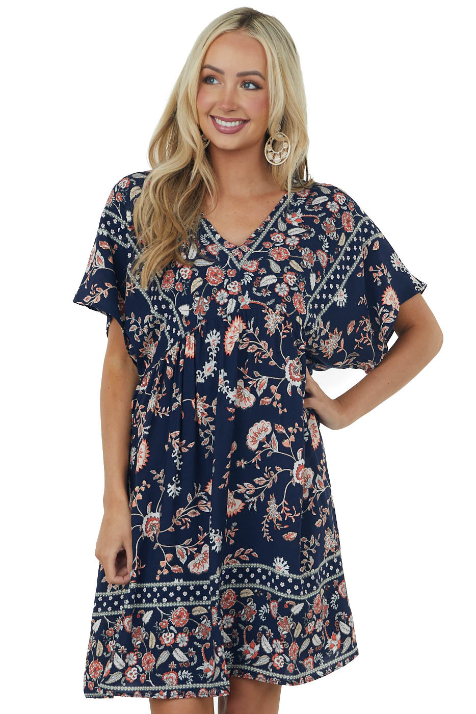 Navy Printed V Neck Babydoll Short Dress