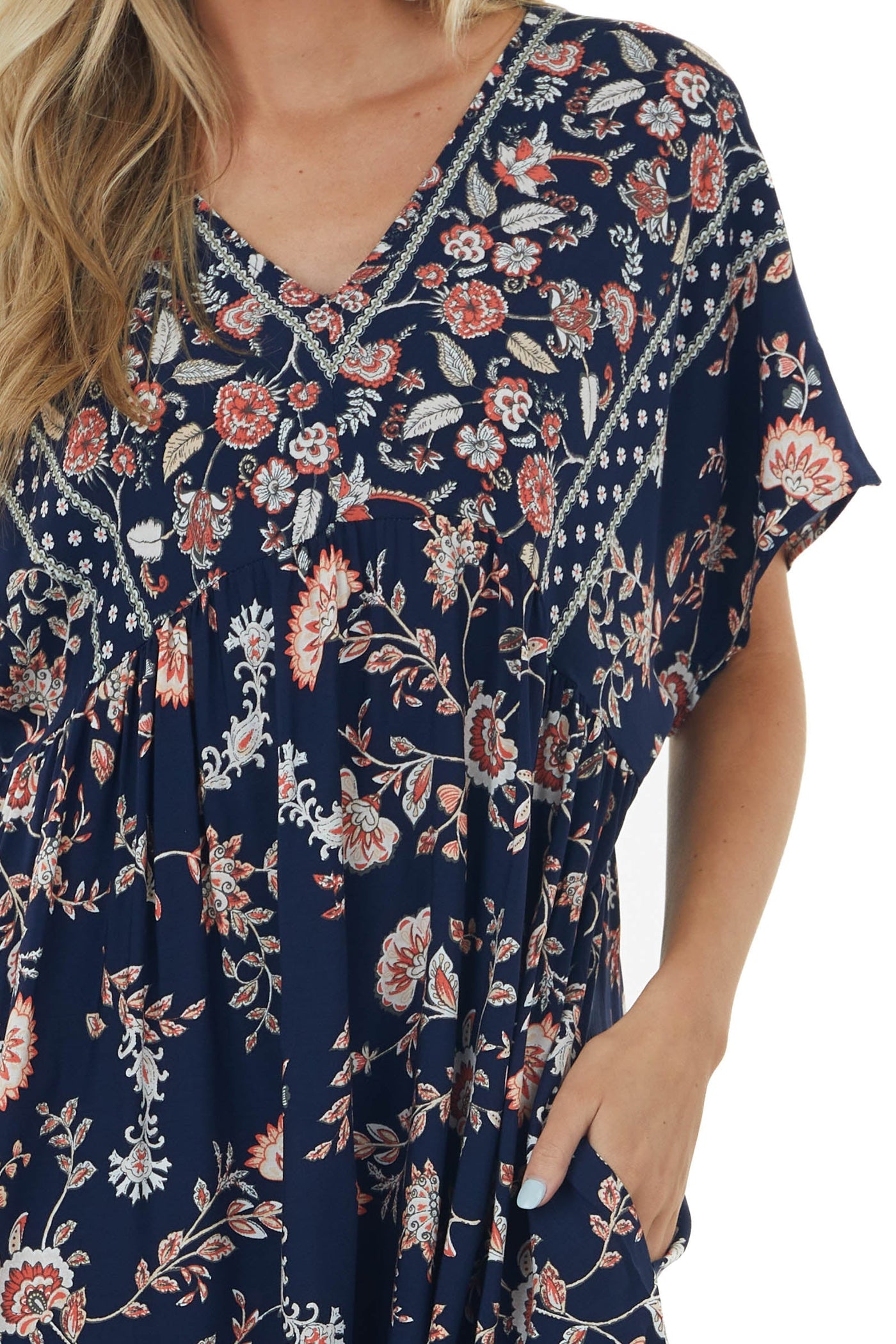 Navy Printed V Neck Babydoll Short Dress