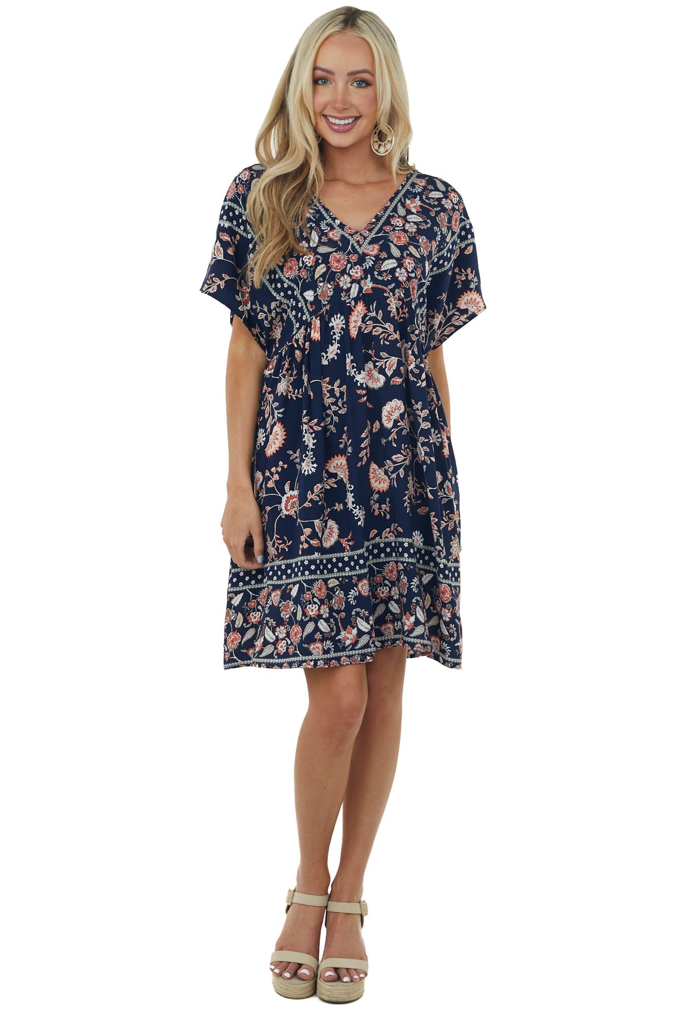 Navy Printed V Neck Babydoll Short Dress