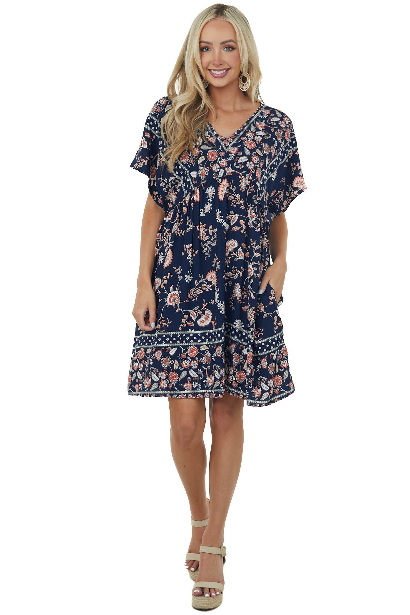 Navy Printed V Neck Babydoll Short Dress