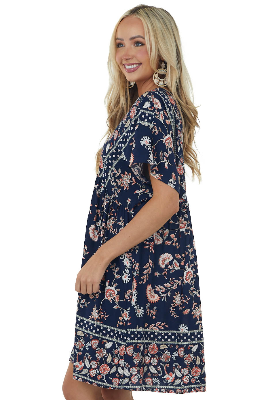 Navy Printed V Neck Babydoll Short Dress