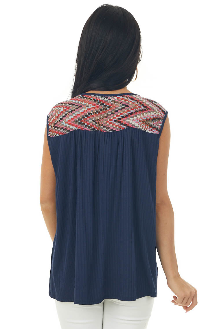Navy Ribbed Knit Tank Top with Chevron Yoke