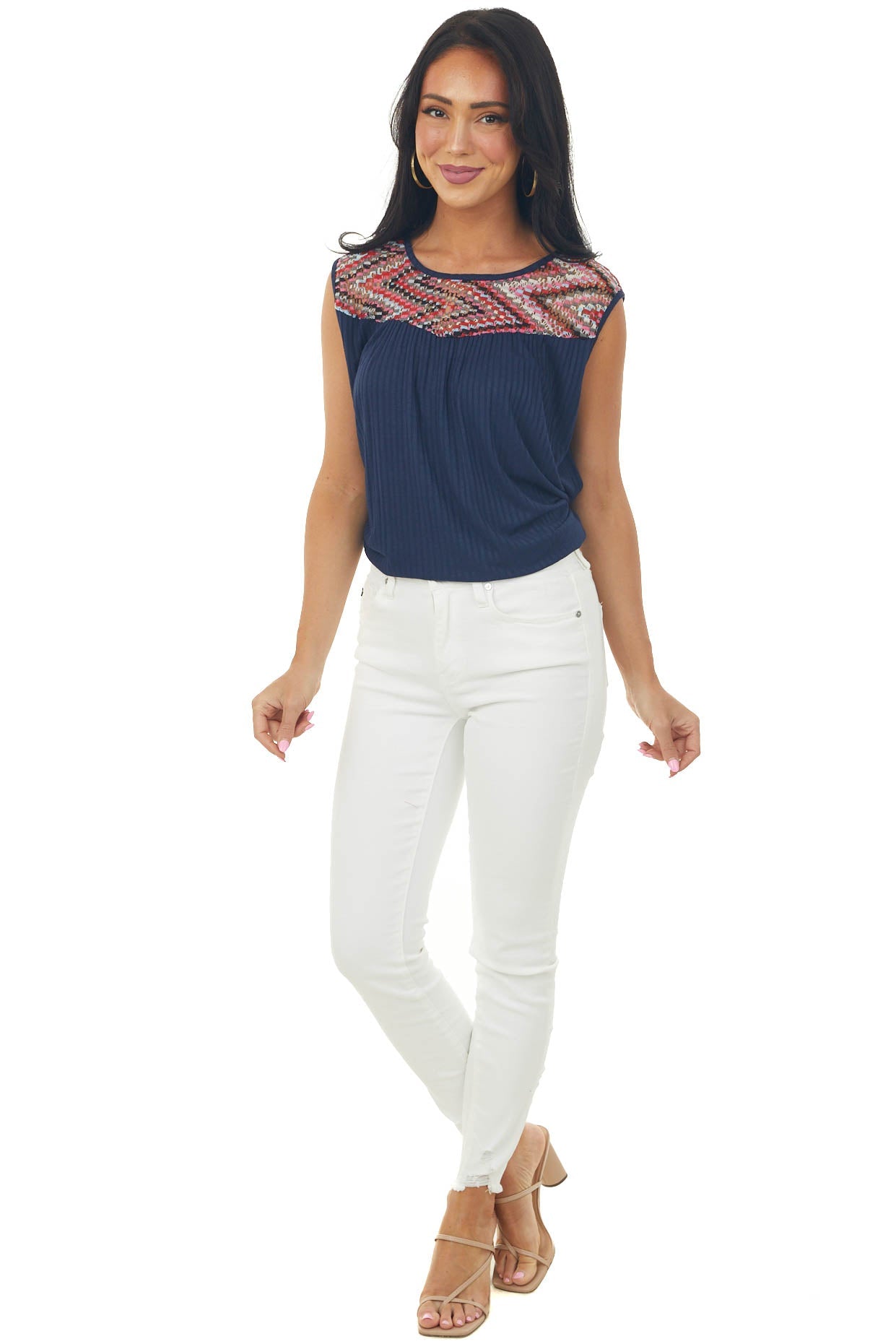 Navy Ribbed Knit Tank Top with Chevron Yoke