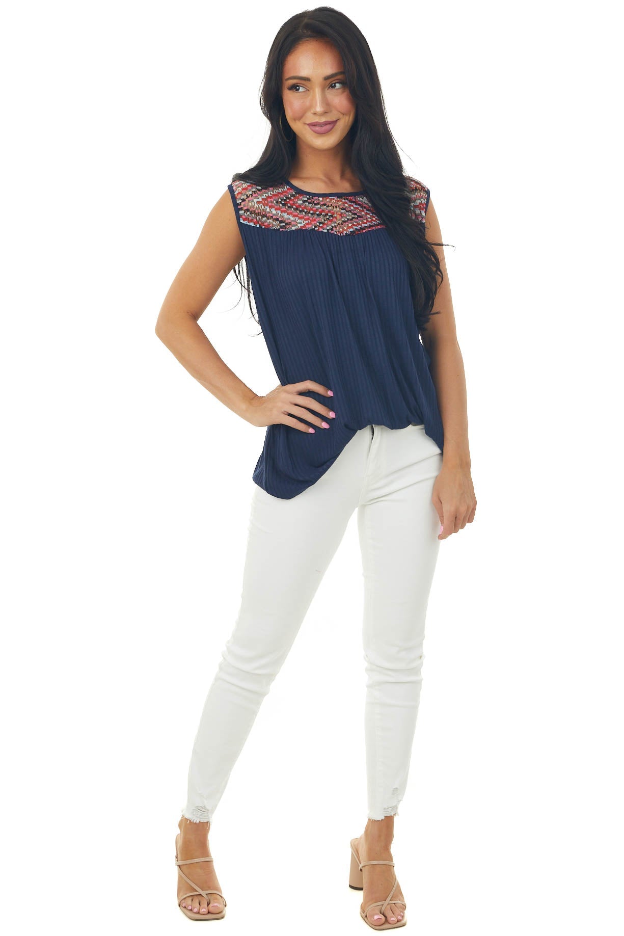 Navy Ribbed Knit Tank Top with Chevron Yoke