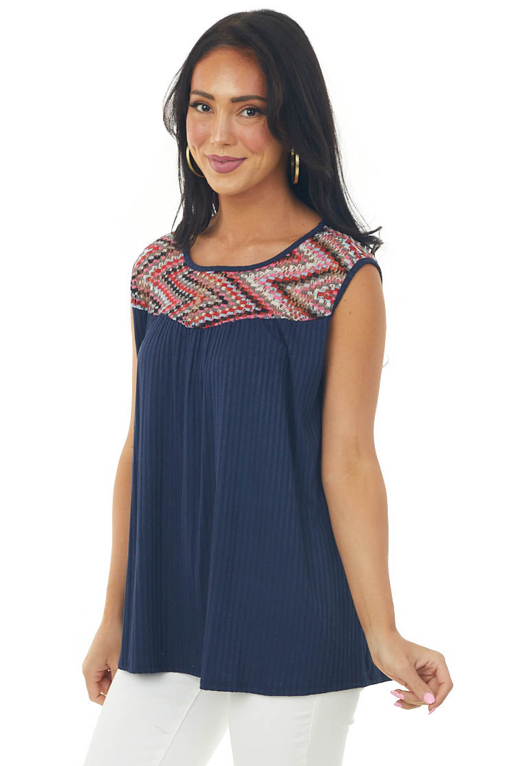 Navy Ribbed Knit Tank Top with Chevron Yoke