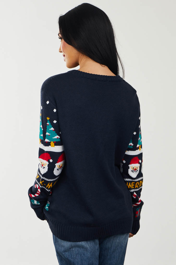 Navy Santa Print Long Sleeve Knit Sweater
