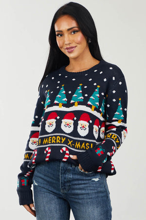 Navy Santa Print Long Sleeve Knit Sweater