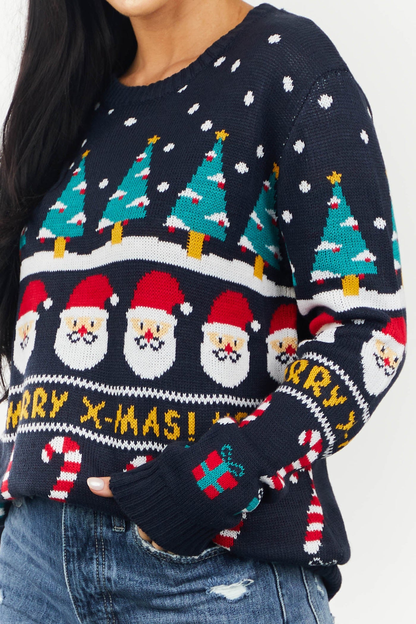 Navy Santa Print Long Sleeve Knit Sweater