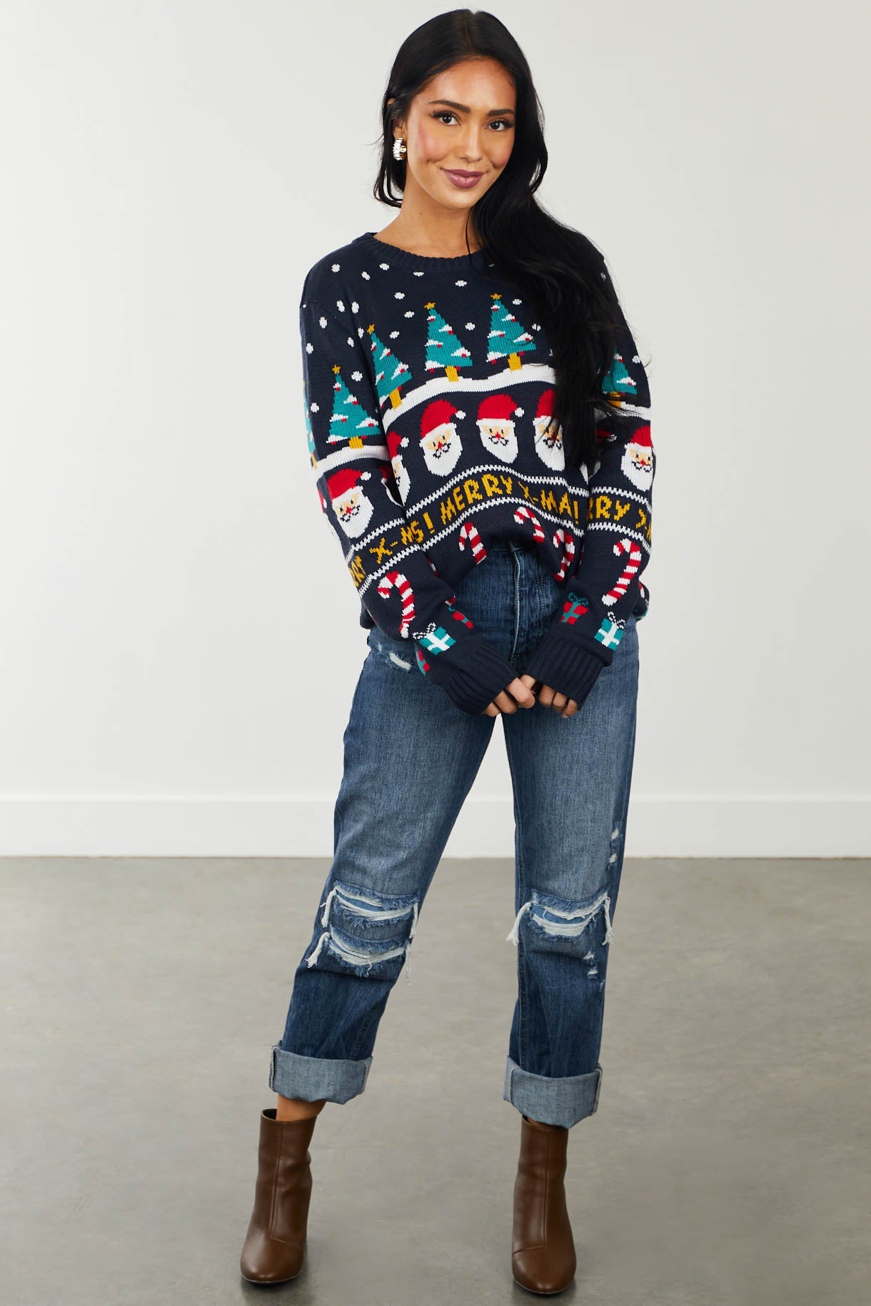 Navy Santa Print Long Sleeve Knit Sweater