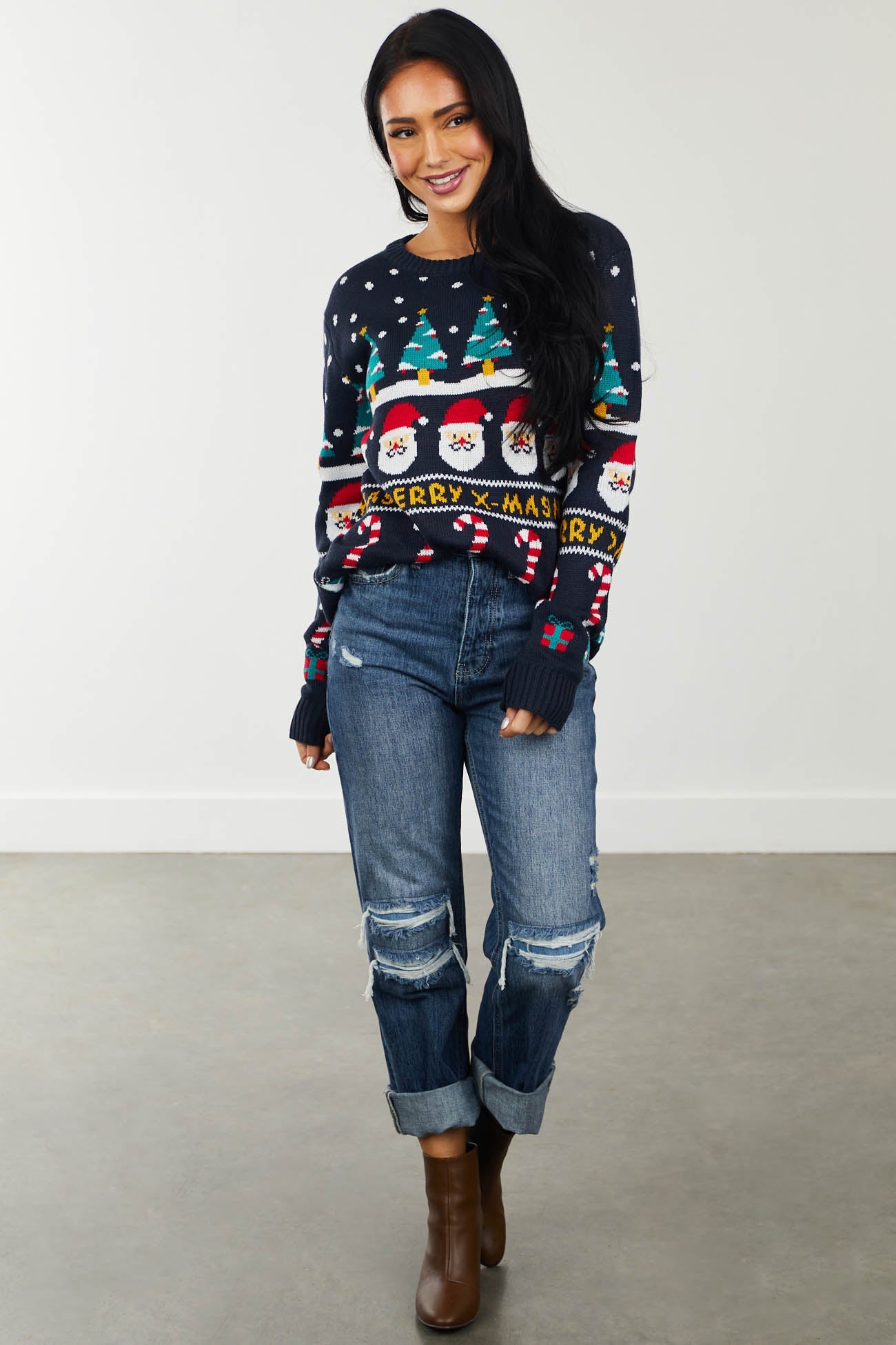Navy Santa Print Long Sleeve Knit Sweater