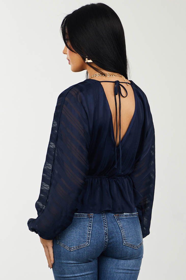 Navy Shadow Stripe Surplice Top with Elastic Waist