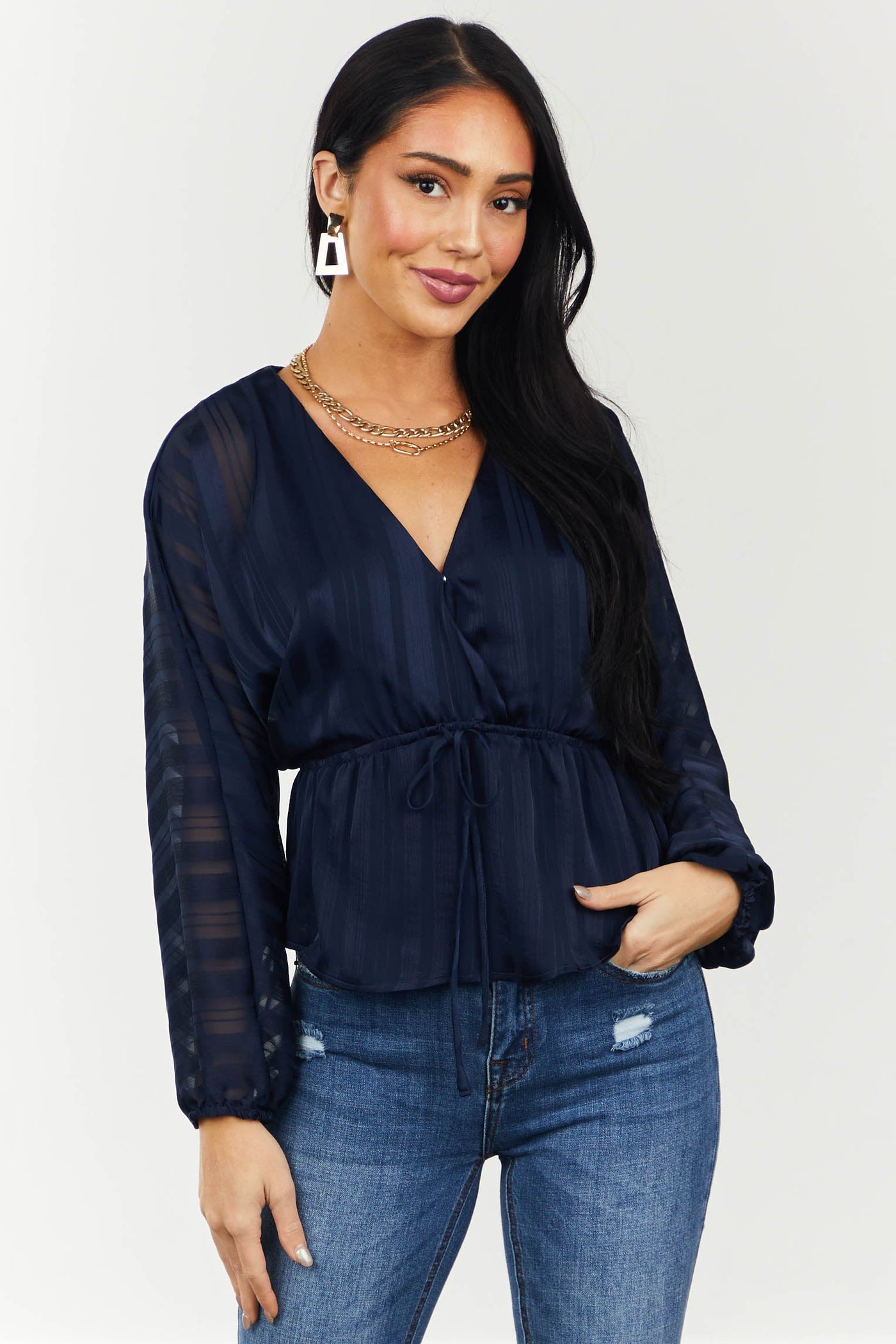 Navy Shadow Stripe Surplice Top with Elastic Waist
