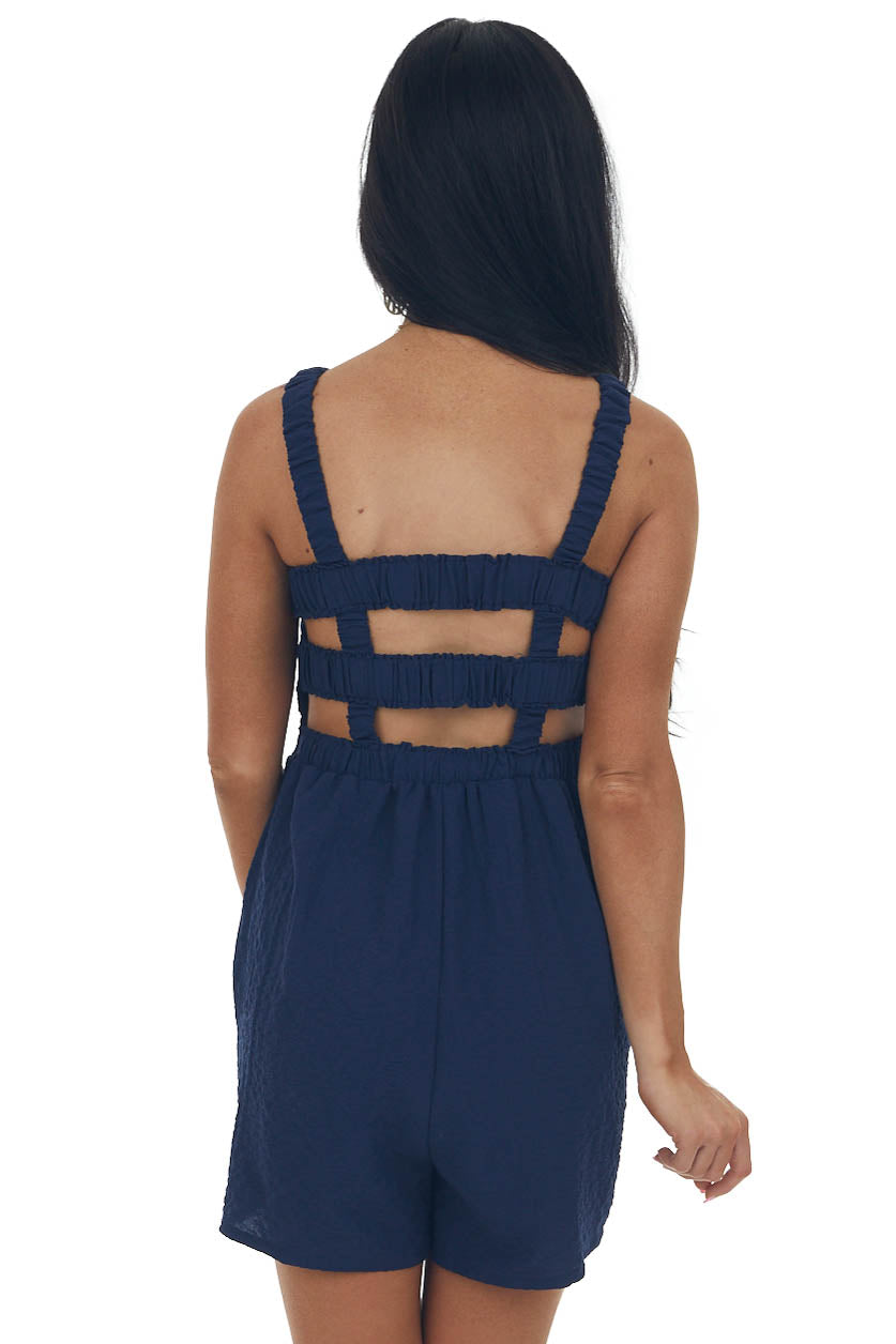 Navy Smocked Elastic Strappy Back Woven Romper