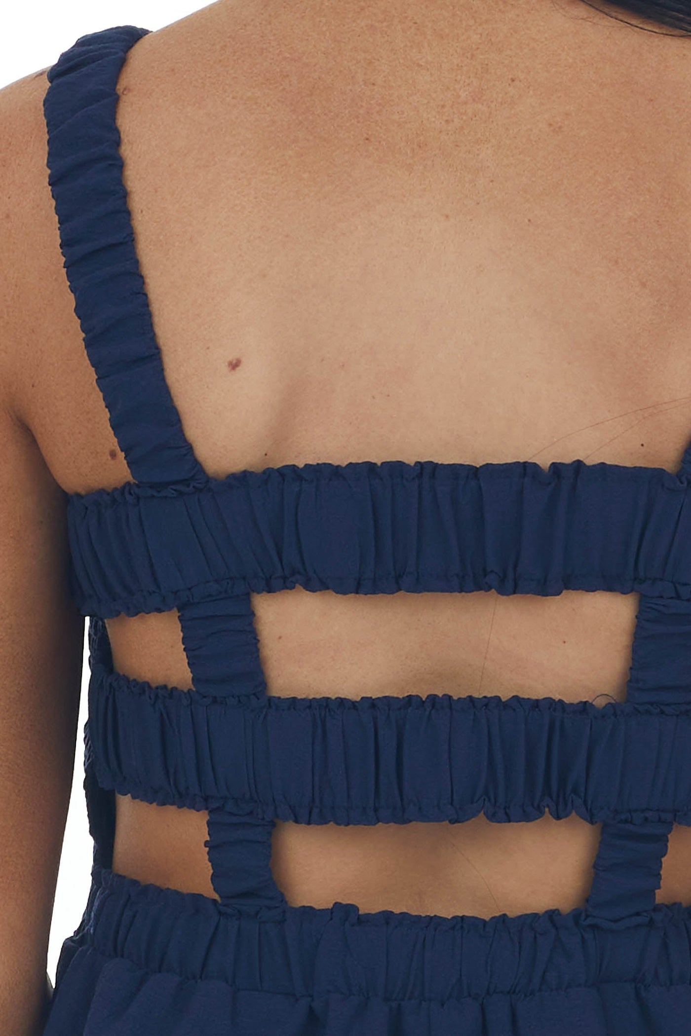 Navy Smocked Elastic Strappy Back Woven Romper