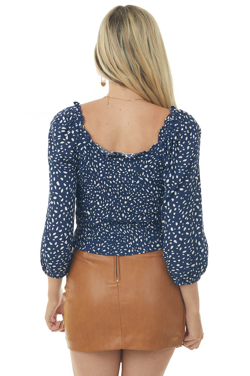 Navy Spotted Bubble Sleeve Smocked Blouse
