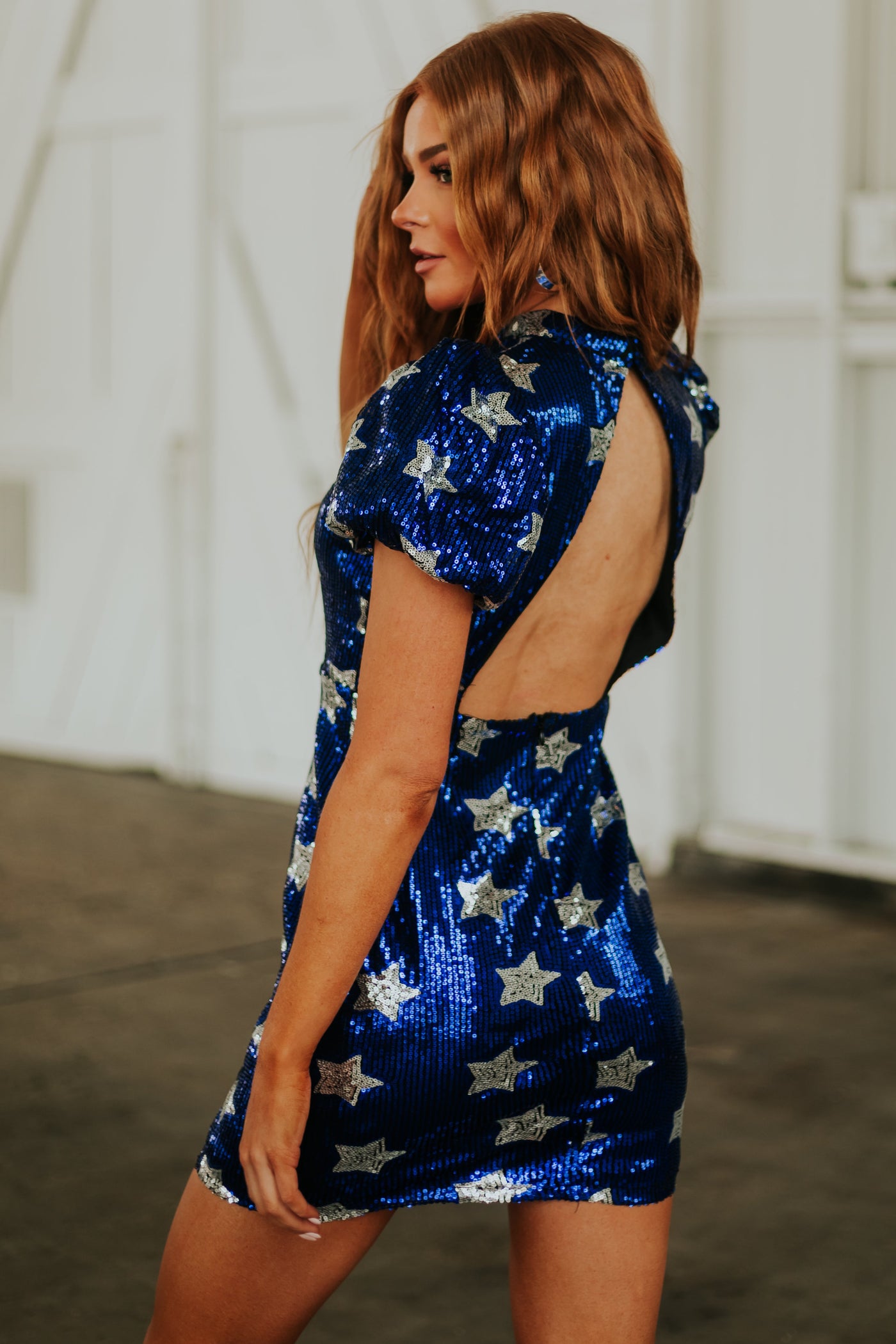 Navy Star Print Puff Sleeve Sequined Dress