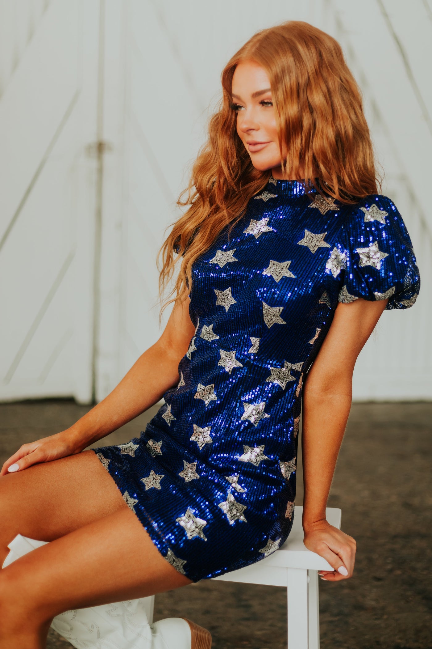 Navy Star Print Puff Sleeve Sequined Dress