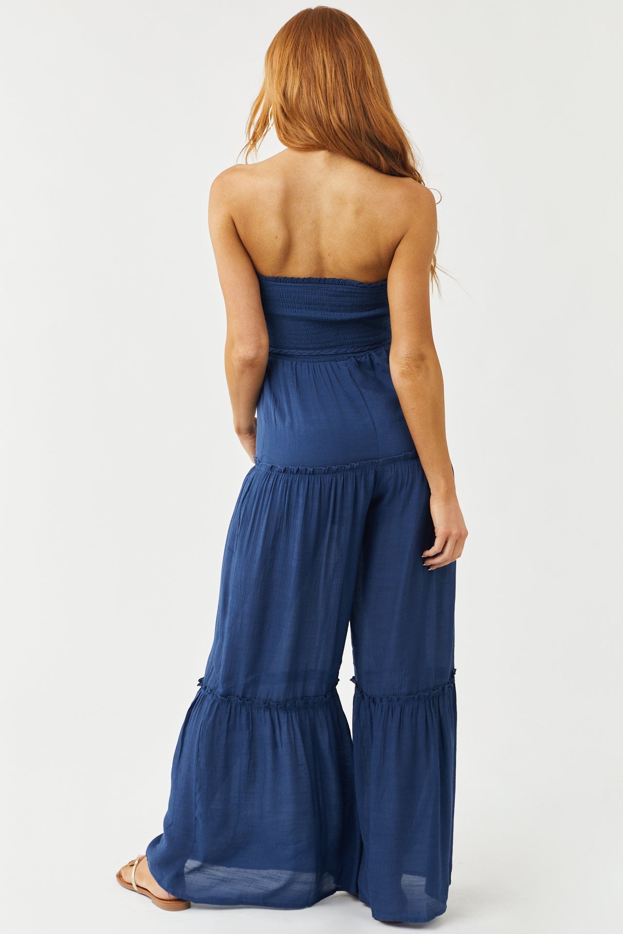 Navy Strapless Smocked Jumpsuit with Tie Detail