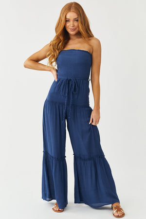 Navy Strapless Smocked Jumpsuit with Tie Detail