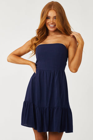 Navy Strapless Smocked Woven Mini Dress