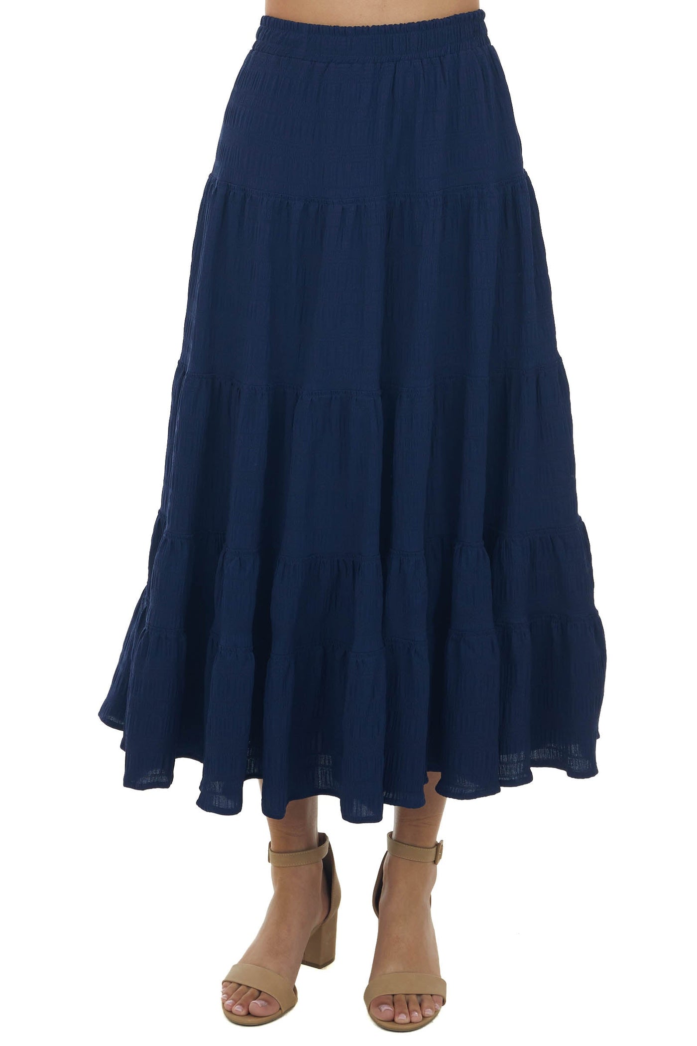 Navy Tiered Ruffle Hem Elastic Maxi Skirt