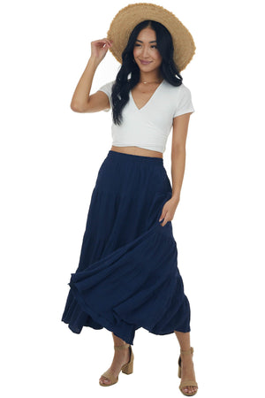 Navy Tiered Ruffle Hem Elastic Maxi Skirt