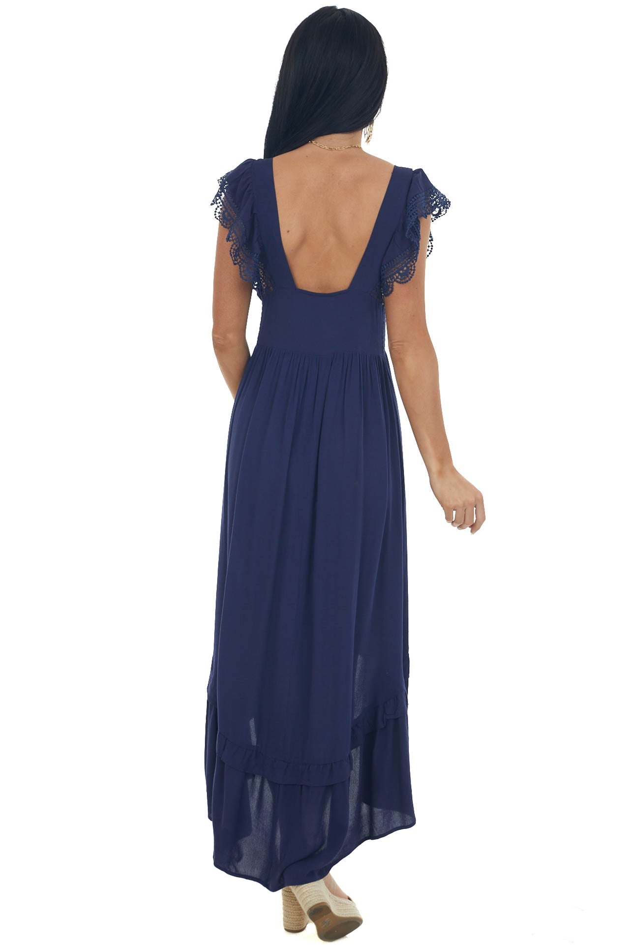 Navy V Neck Lace Cap Sleeve High Low Dress