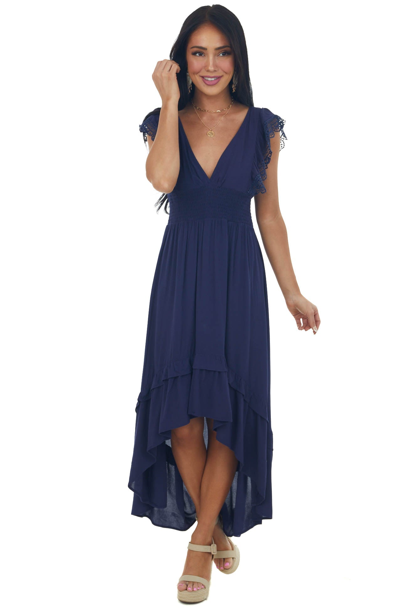Navy V Neck Lace Cap Sleeve High Low Dress