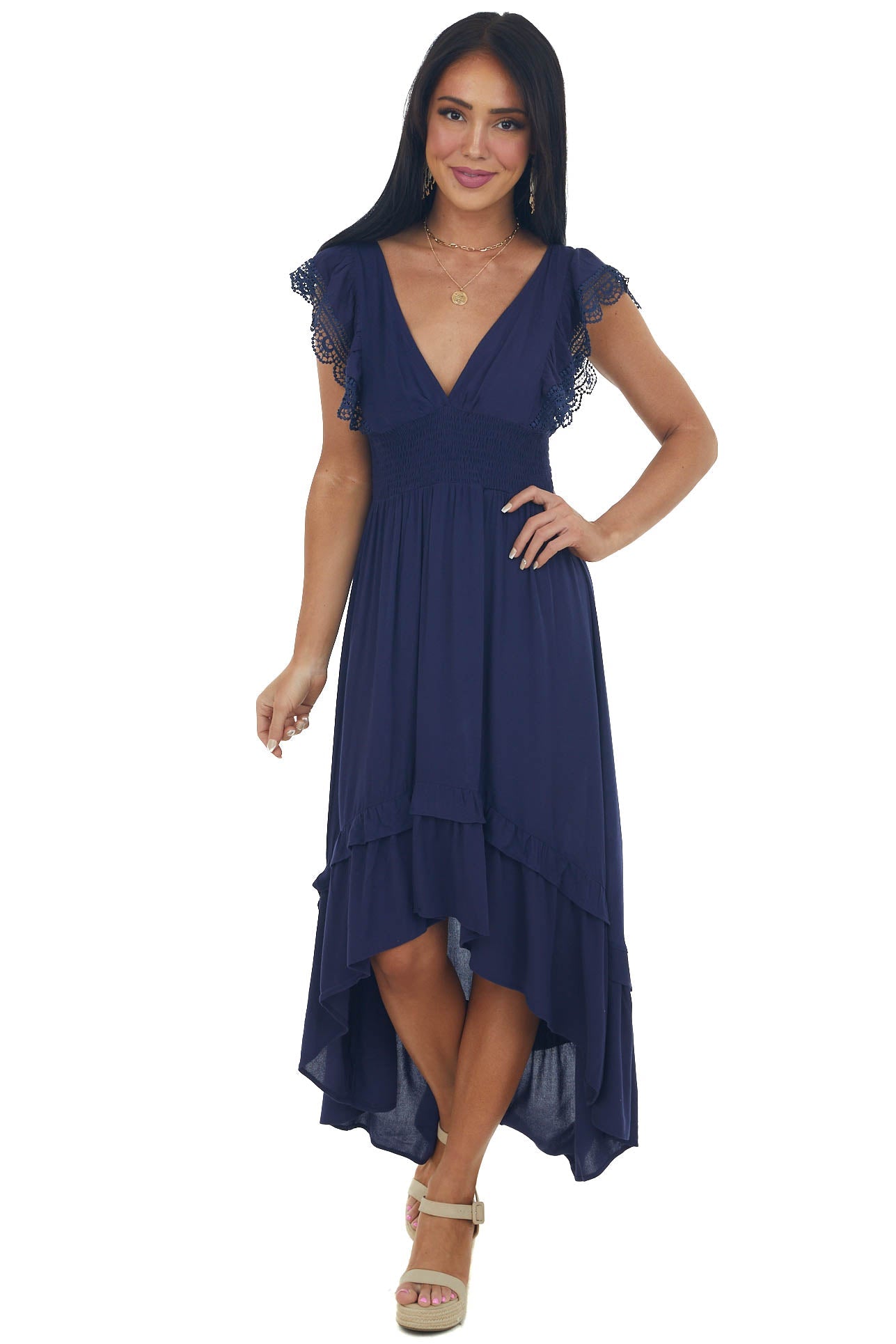 Navy V Neck Lace Cap Sleeve High Low Dress