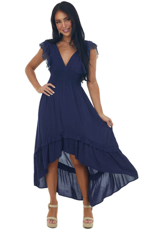 Navy V Neck Lace Cap Sleeve High Low Dress
