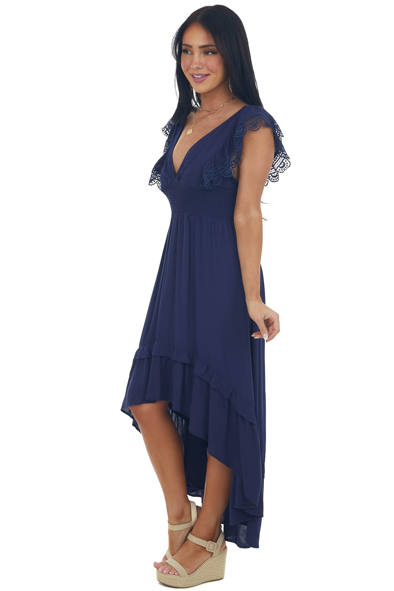 Navy V Neck Lace Cap Sleeve High Low Dress