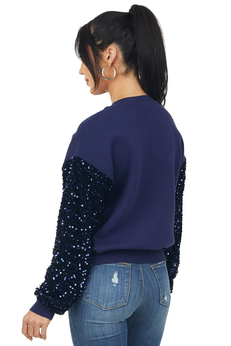 Navy Velvet and Sequin Contrast Sleeve Sweater