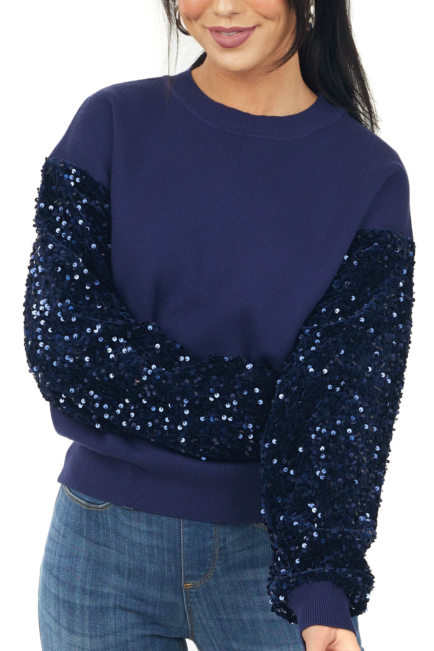 Navy Velvet and Sequin Contrast Sleeve Sweater