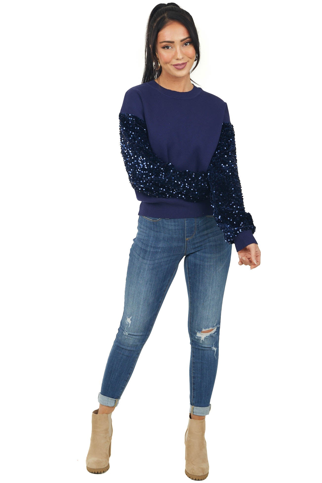 Navy Velvet and Sequin Contrast Sleeve Sweater