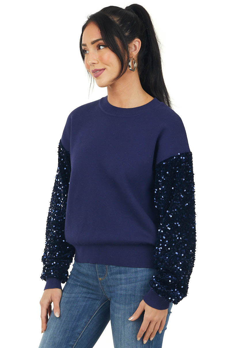 Navy Velvet and Sequin Contrast Sleeve Sweater
