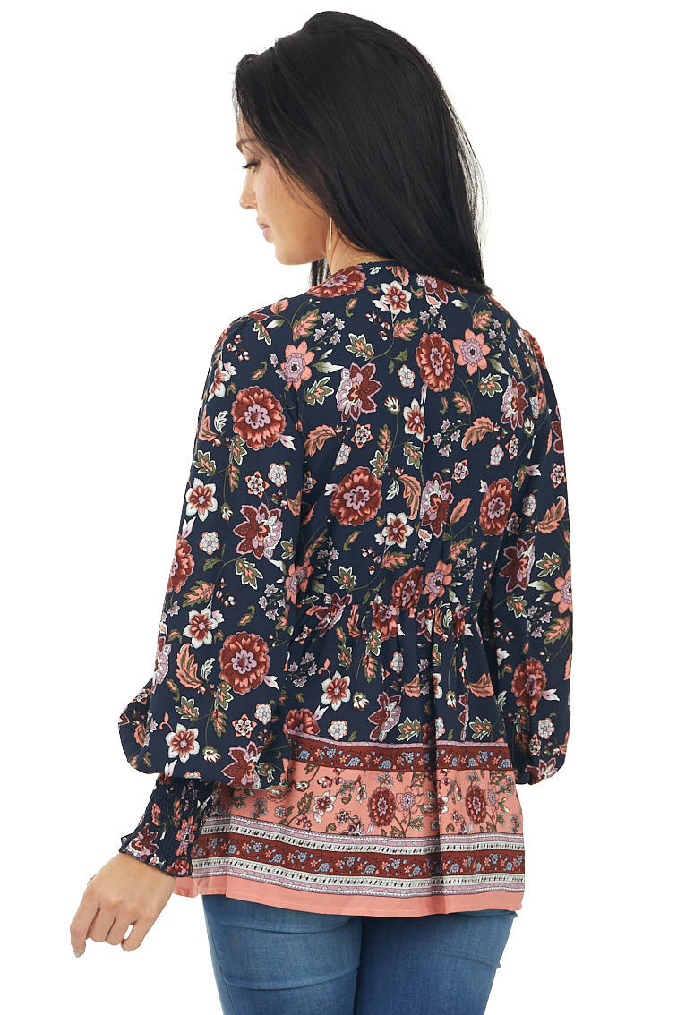Navy and Coral Floral Print Drop Waist Blouse