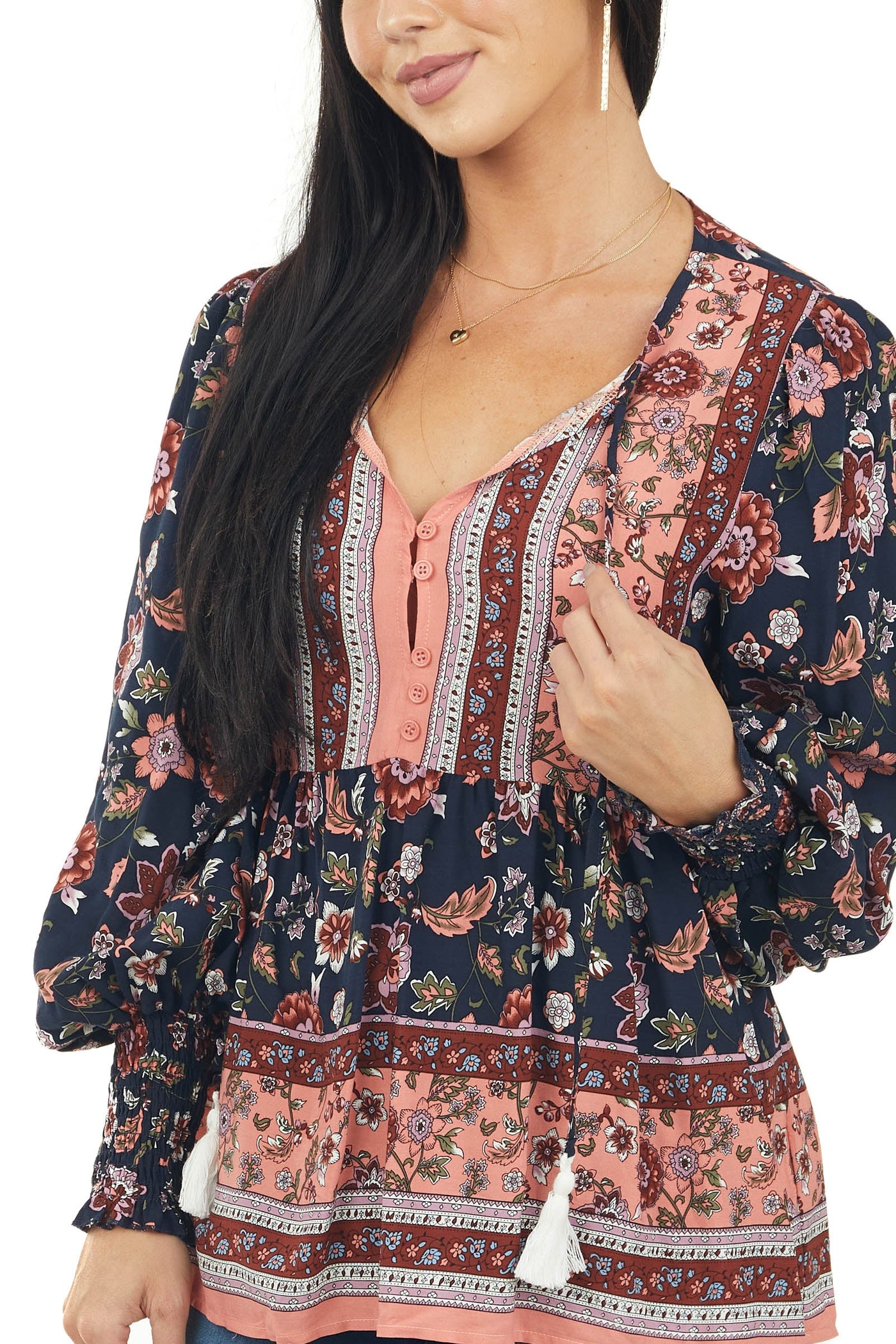 Navy and Coral Floral Print Drop Waist Blouse