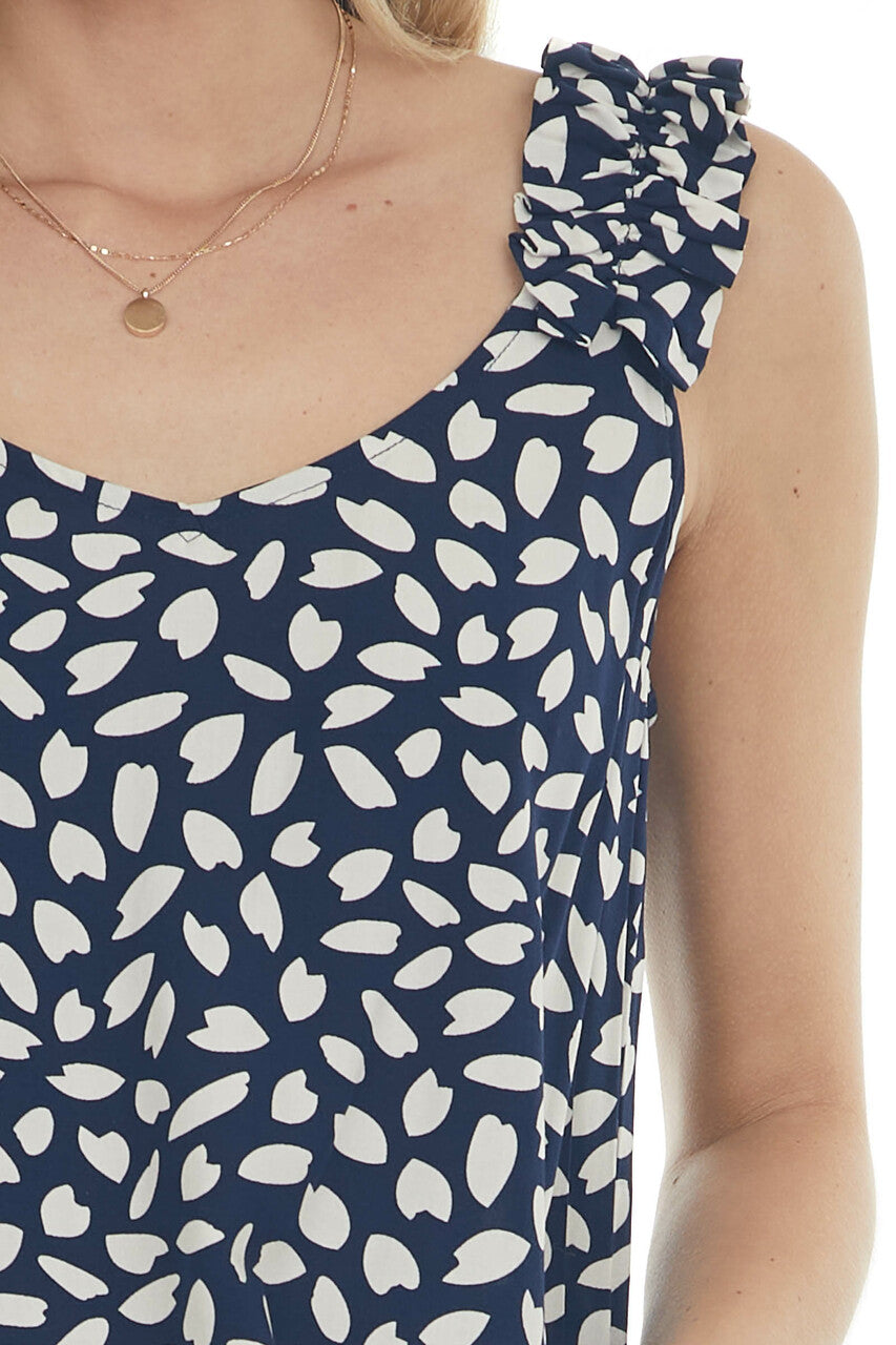 Navy and Cream Printed Sleeveless Top with Ruffle Details