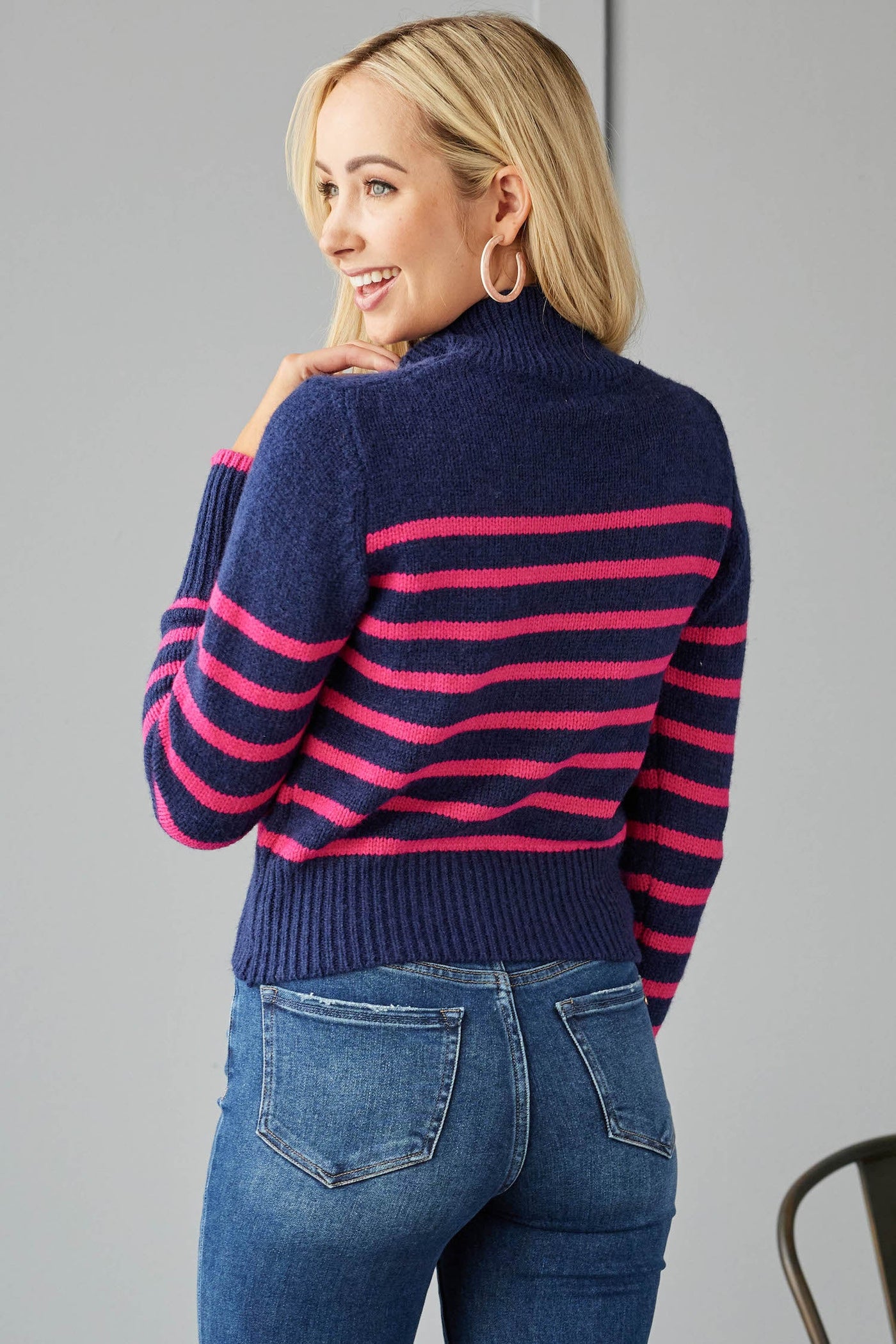 Navy and Magenta Striped Mock Neck Sweater